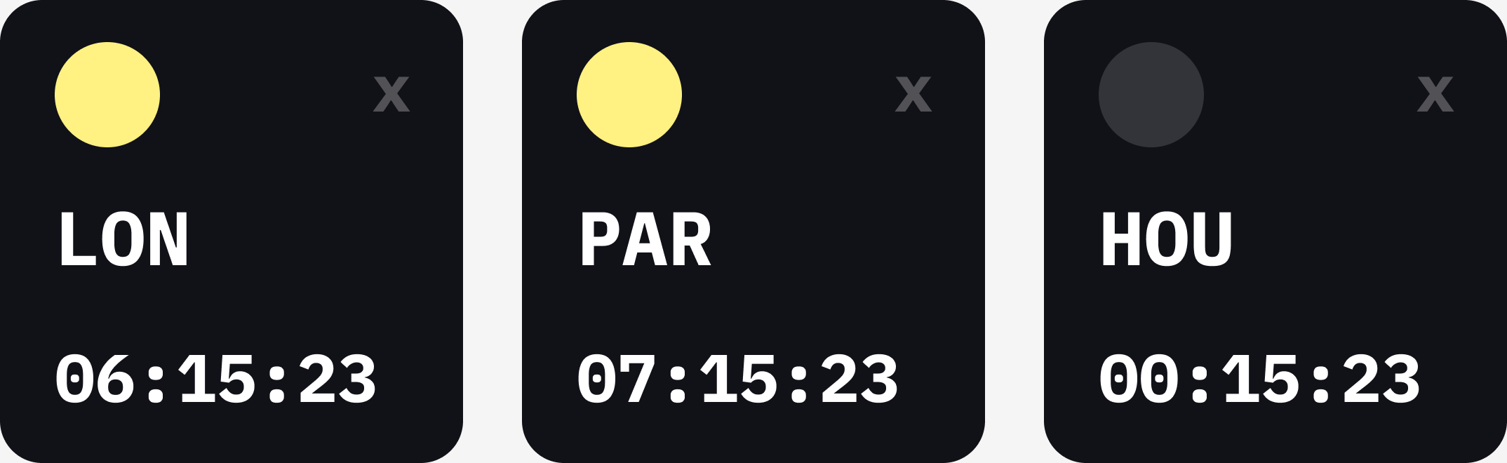 UI mockup for times, with IATA megacodes like LON and PAR in use